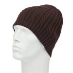 A brown knitted beanie rests on a white mannequin head showcasing its textured design in a neutral setting highlighting the hat's shape and color against the plain background.
