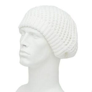 A white knitted beanie sits atop a mannequin head the beanie has an open knitted design and droops slightly at the back showcasing a casual and relaxed style in a neutral white color