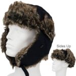 A black fur-lined hat with side flaps is displayed on a mannequin head showing two positions one with flaps down and one with flaps up