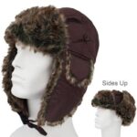 A brown fur-lined trapper hat is displayed on a mannequin head with the ear flaps secured upward showcasing its design while a smaller side image illustrates the same hat with flaps down.
