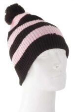 A knitted beanie with black and pink stripes is perched on a mannequin's head featuring a pom-pom on top positioned against a plain white background.