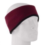 A maroon fleece headband worn on a white mannequin head provides warmth during outdoor activities in cold weather settings while featuring a black trim along the bottom edge.