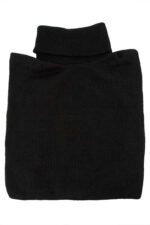 A black turtleneck sweater is neatly folded with the collar upright showcasing its ribbed texture in a plain white background creating a simple and minimalist appearance.