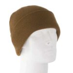 A brown knitted beanie rests on a white mannequin head showcasing its ribbed texture and fitted style  suggesting warmth and casual fashion suitable for cold weather.