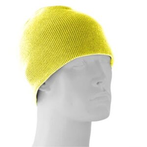 A bright yellow knitted beanie rests on a plain white mannequin head showcasing its textured fabric and snug fit in a neutral background emphasizing its vivid color.