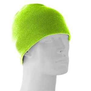 A bright neon green knit beanie is positioned atop a white mannequin head showcasing its texture and form against a plain white background  emphasizing its vivid color and style.