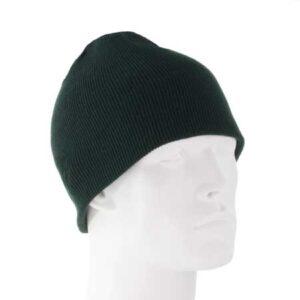 A green knitted beanie rests atop a white mannequin head facing slightly to the right in a neutral setting highlighting the beanie's texture and color without distractions.