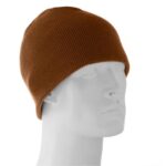 A brown knit beanie sits atop a plain white mannequin head showcasing its texture and shape against a neutral background emphasizing its winter accessory function