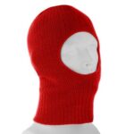 A red knitted balaclava is displayed on a white mannequin head showcasing its full head and neck coverage with openings for the face and eyes set against a plain background.