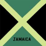 A flag featuring diagonal black and yellow stripes crossing over green and black backgrounds with the word JAMAICA displayed at the bottom. The colors symbolize various cultural elements.