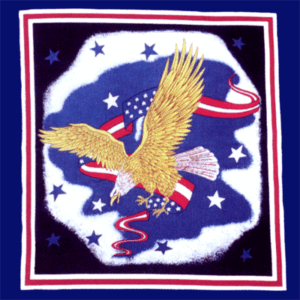 A golden eagle soars with its wings outstretched among stars and swirling red and white ribbons colored like the American flag set against a blue background.