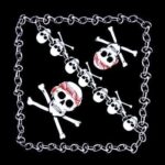 A chain borders a pattern of skulls and crossbones with some skulls featuring red hair. The design contrasts against a solid black background  creating a striking visual effect.
