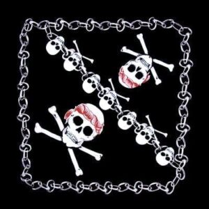 A chain borders a pattern of skulls and crossbones with some skulls featuring red hair. The design contrasts against a solid black background  creating a striking visual effect.