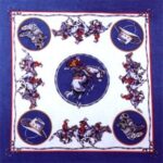 A square decorative cloth features a central rider on a galloping horse surrounded by circular images of horses and riders in various poses against a blue background.