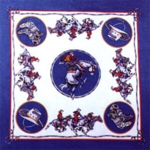 A square decorative cloth features a central rider on a galloping horse surrounded by circular images of horses and riders in various poses against a blue background.