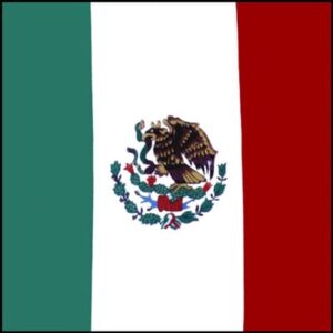 A rectangular flag features three vertical stripes in green white and red with a national emblem of an eagle perched on a cactus surrounded by a laurel and oak wreath in the center.