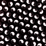 A pattern of Yin Yang symbols is repeated across a black background with alternating orientations of the symbols creating a rhythmic visual texture throughout the entire surface.