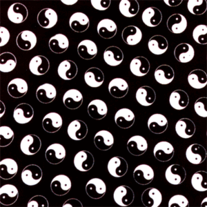 A pattern of Yin Yang symbols is repeated across a black background with alternating orientations of the symbols creating a rhythmic visual texture throughout the entire surface.