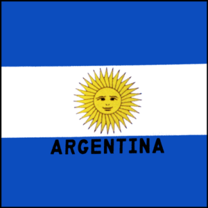 A blue and white flag features a sun with a face in the center and the word ARGENTINA displayed below it showcasing national identity in a simplified design.
