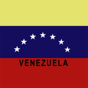 A three-horizontal-striped flag features yellow at the top blue in the middle with five white stars forming an arc and red at the bottom with the word VENEZUELA prominently displayed in black.