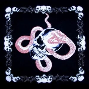A black fabric features a graphic design of a skull entwined by a snake surrounded by a decorative border of skulls creating a dark and edgy aesthetic.