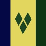 A flag with three vertical sections featuring dark blue on the left green on the right and a central yellow area displaying a pattern of three green diamonds arranged in a heart shape.