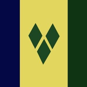 A flag with three vertical sections featuring dark blue on the left green on the right and a central yellow area displaying a pattern of three green diamonds arranged in a heart shape.