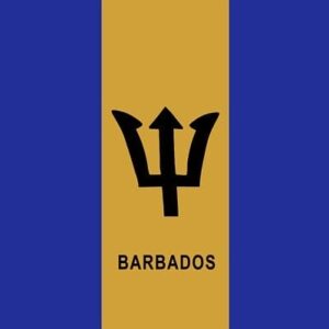 A flag featuring a blue and gold vertical design with a central black trident symbol and the word BARBADOS beneath it  representing the national identity and heritage of Barbados.