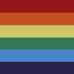 A horizontal flag with six alternating stripes in red orange yellow green blue and purple representing diversity and inclusivity displayed against a neutral background.