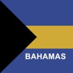 A flag featuring three horizontal stripes with blue on the top and bottom yellow in the center and a black Bandana triangle on the left the word BAHAMAS is displayed at the bottom.