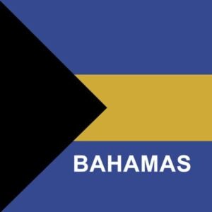 A flag featuring three horizontal stripes with blue on the top and bottom yellow in the center and a black Bandana triangle on the left the word BAHAMAS is displayed at the bottom.