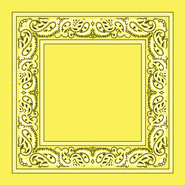 A decorative yellow background features an ornate paisley border in white and black  creating an empty central space that emphasizes the intricate design surrounding it.