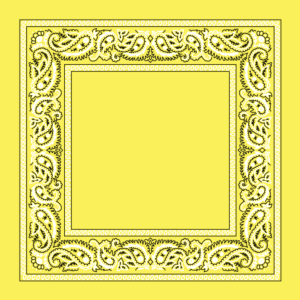 A decorative square border features intricate paisley patterns in black and white against a bright yellow background creating a vibrant frame for a central empty space.