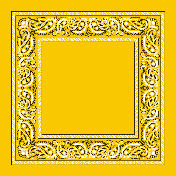 A decorative square border features intricate paisley patterns and floral elements in white and green against a vibrant yellow background creating a bright and striking visual frame.
