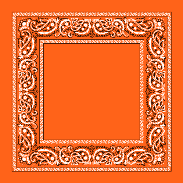 A vibrant orange fabric features an intricate white paisley pattern along the edges creating a decorative border around a central empty space.