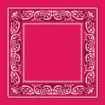 A vibrant pink fabric features a decorative white paisley border surrounding a solid center  creating a striking contrast that highlights the intricate floral and swirling patterns of the border.