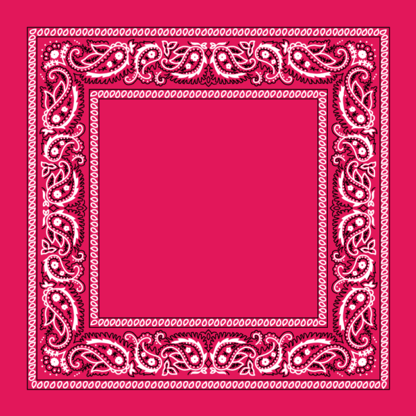 A vibrant pink fabric features a decorative white paisley border surrounding a solid center  creating a striking contrast that highlights the intricate floral and swirling patterns of the border.