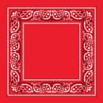 A red bandana features a white paisley pattern along the edges with intricate details creating a border while the center remains solid red without any text or images.
