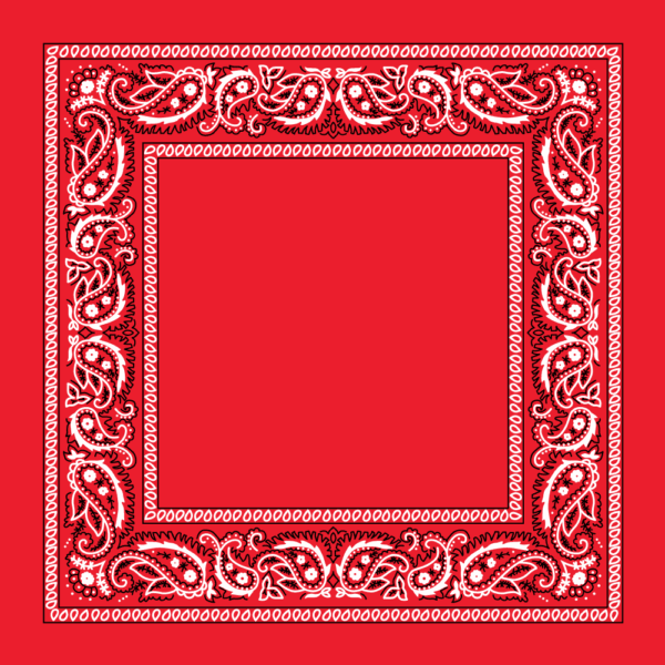 A red bandana features a white paisley pattern along the edges with intricate details creating a border while the center remains solid red without any text or images.