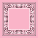 A pink bandana features an ornate paisley pattern along the border with intricate detailing and floral designs creating a decorative frame around the central plain area.