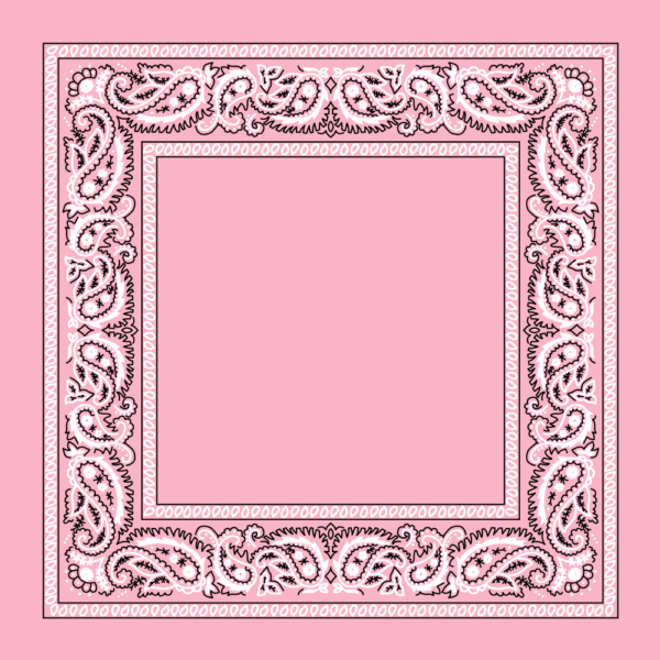 A pink bandana features an ornate paisley pattern along the border with intricate detailing and floral designs creating a decorative frame around the central plain area.