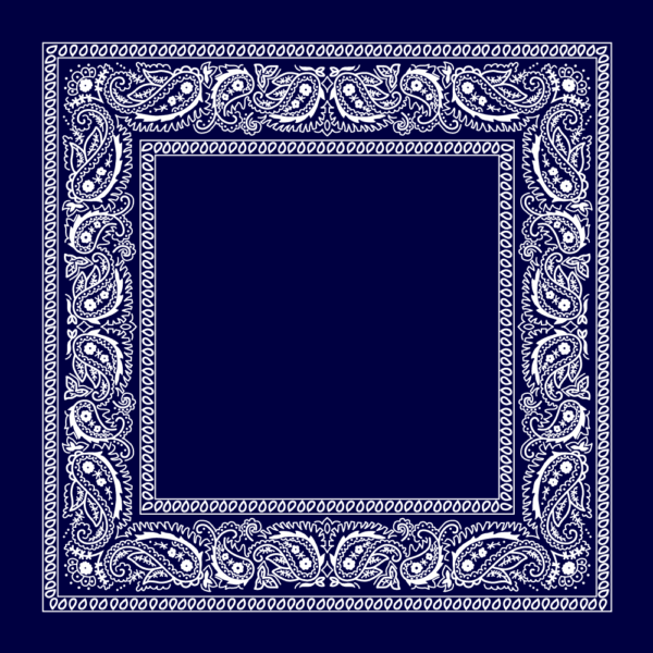 A dark blue bandana features intricate white paisley patterns along the edges creating a decorative border around a central square space with no additional design elements.