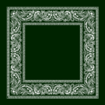 A decorative green bandana features a white paisley pattern around the edges creating a frame with a blank center suitable for various artistic or practical applications.