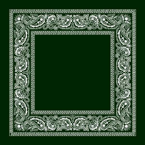 A decorative green bandana features a white paisley pattern around the edges creating a frame with a blank center suitable for various artistic or practical applications.