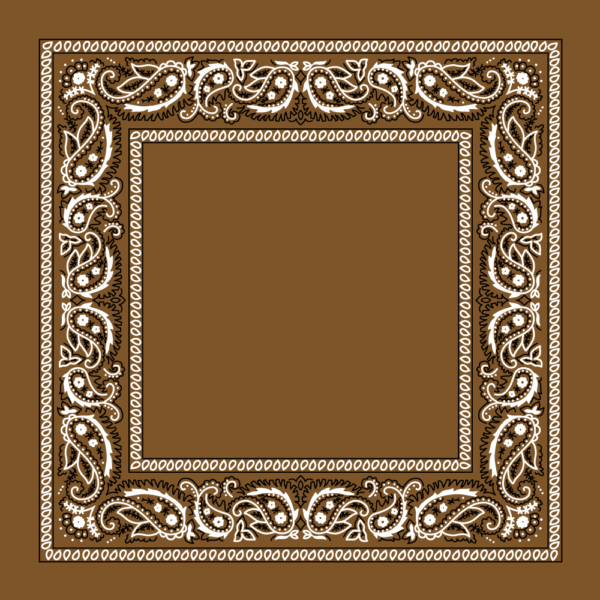 A square decorative border features intricate paisley patterns and floral designs in white against a rich brown background creating a frame-like appearance with an empty center.