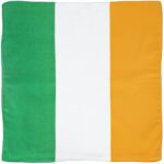 A rectangular flag featuring vertical stripes of green white and orange representing Ireland displayed flat against a plain background