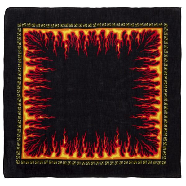 A black bandana features a vivid red and yellow flame design around its perimeter with intricate yellow patterns along the edges creating a bold contrast against the dark background.