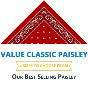 A red paisley bandana is displayed prominently with decorative patterns at the edges featuring text stating VALUE CLASSIC PAISLEY 4 SIZES TO CHOOSE FROM OUR BEST SELLING PAISLEY.