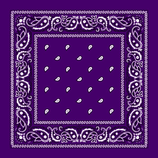 A square purple bandana with white paisley designs and floral motifs along the border features small white leaf shapes scattered across the center.