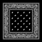 A black bandana features intricate white paisley designs along the borders with small white teardrop shapes scattered throughout the center creating a decorative pattern.